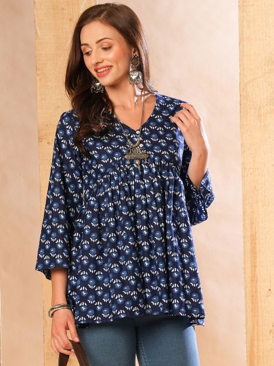 Globus Women Indigo Allover Printed & Gathered A-Line Alia Cut Workwear Tunic