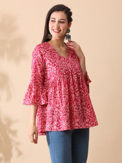 Globus Women Pink Floral Printed V-Neck Bell Sleeves Gathered A-Line Aliya Cut Workwear Tunic