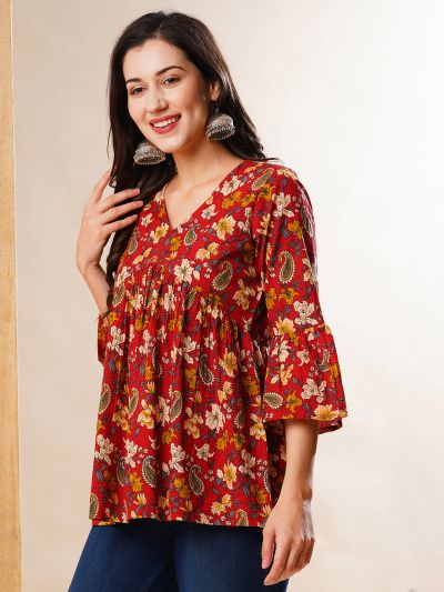 Globus Women Black Floral Printed V-Neck Bell Sleeves Gathered A-Line Alia Cut Workwear Tunic