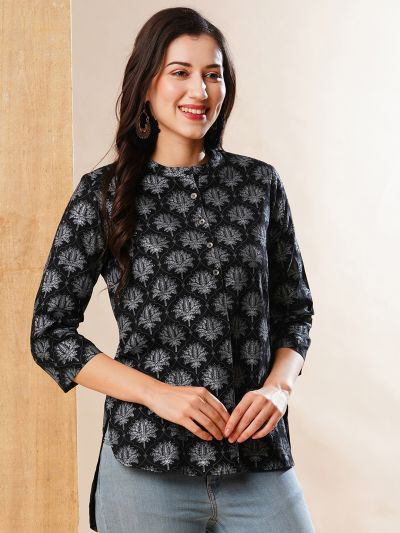 Globus Women Black Allover Floral Printed Mandarin Collar High Low Hem A-Line Workwear Tunic