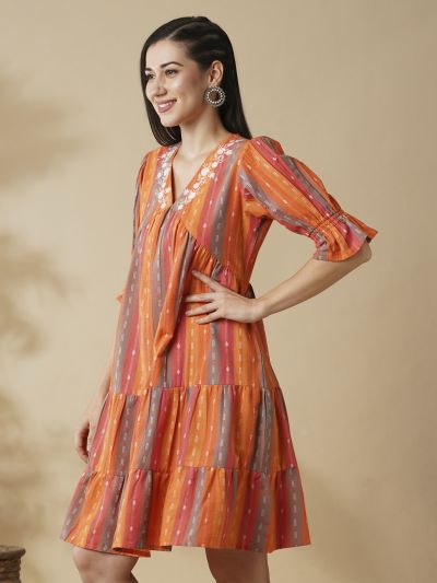 Globus Women Multi Orange V-Floral Embroidered Neck Puff Sleeve Knee Length Tiered A-Line Dress