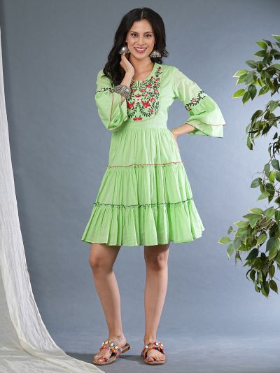 Globus Women Green Floral Embroidered Yoke Flared Sleeves Gathered Tiered Fit & Flare Dress