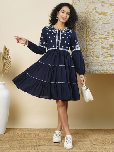 Globus Women Navy Blue Embroidered Neck Bishop Sleeve Tired A-line Dress