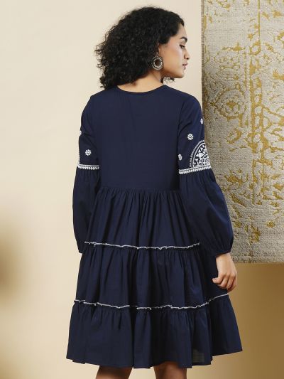 Globus Women Navy Blue Embroidered Neck Bishop Sleeve Tired A-line Dress