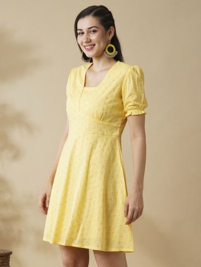 Globus Women Yellow Blue Self-Design V-Neck Puff Sleeves Flared Hem A-Line Ethnic Dress