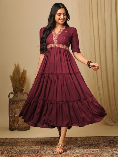 Globus Women Burgundy Embroidered V-Neck Puff Sleeves Boho Tiered Fusion Fit & Flare Maxi Dress