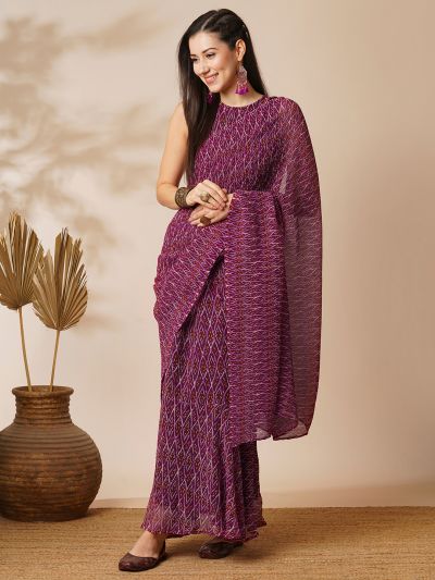 Globus Women Purple Ikat Print Heat Pleated Georgette Ready To Wear Fusion Gown Saree