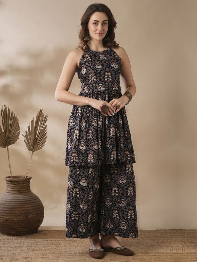 Globus Women Blue Halter Neck Indian Block Print Peplum Tunic & Palazzos Fusion Co-Ord Set