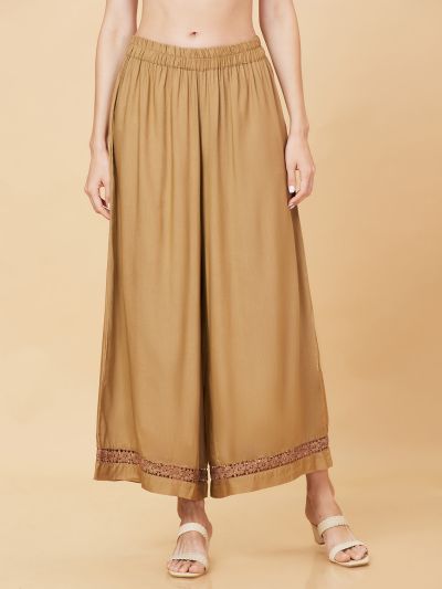 Globus Women Beige Solid Ethnic Wide Leg Palazzo with Lace at Hem