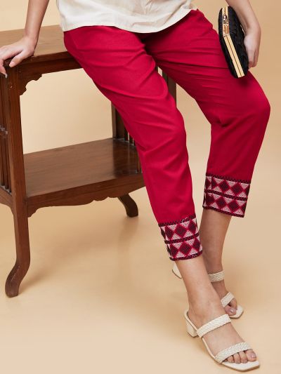 Globus Women Maroon Hem Embroidered Mid-Rise Straight Fit Trousers