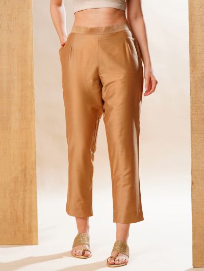 Globus Women Gold Back Elasticated Mid-Rise Flat Front Festive Pants