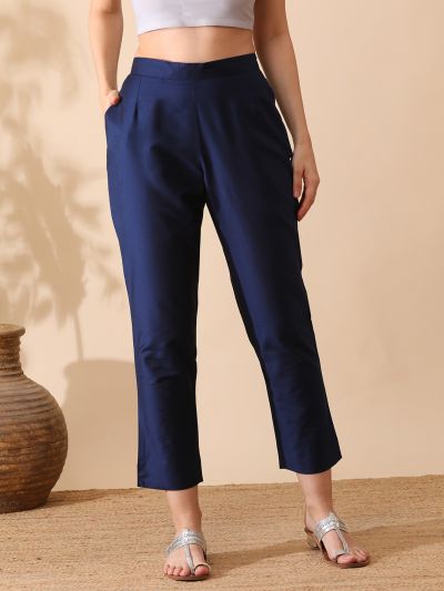 Globus Women Blue Mid-Rise Partially Elasticated Front Flat Festive Narrow Pants