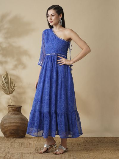 Globus Women Blue One Shoulder Bandhani Print Fit & Flare Dress Maxi Dress