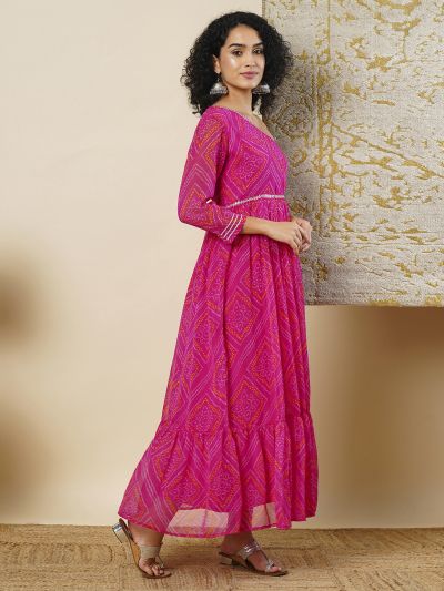 Globus Women Pink Bandhani Printed One Shoulder Flared Hem A-line Maxi Dress