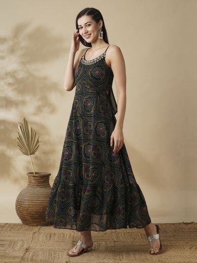 Globus Women Black Strappy Shoulder Bandhani Print Fit & Flare Dress Maxi Dress
