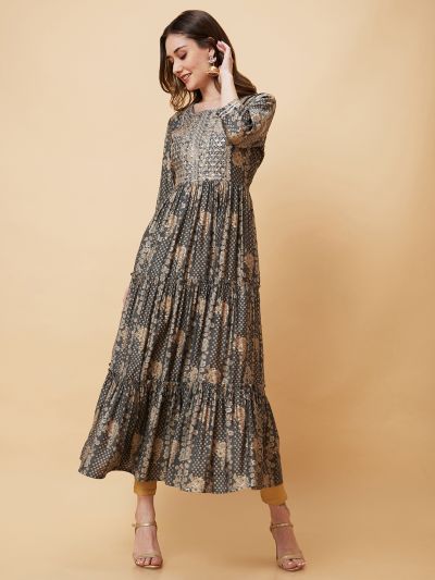 Globus Women Grey Printed Yoke Sequins Embroidery Tiered A-Line Festive Kurta