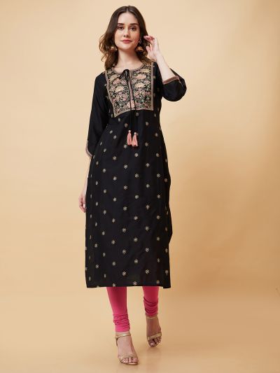 Globus Women Black Floral Yoke Embroidered Festive Straight Kurta