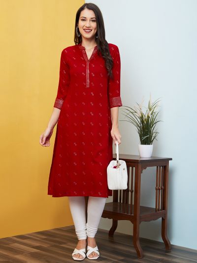 Globus Women Red Thread Work Mandarin Collar Geometric Print Straight Kurta