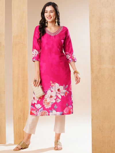 Globus Women Pink Embroidered V-Neck & Allover Floral Printed Straight Kurta