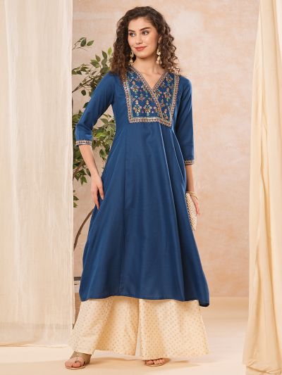 Globus Women Blue V-Neck Overlapped Embroidered Yoke A-Line Kurta