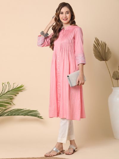 Globus Women Peach Mandarin Collar Embroidered Sleeve Button-Down Pleated A-Line Kurta