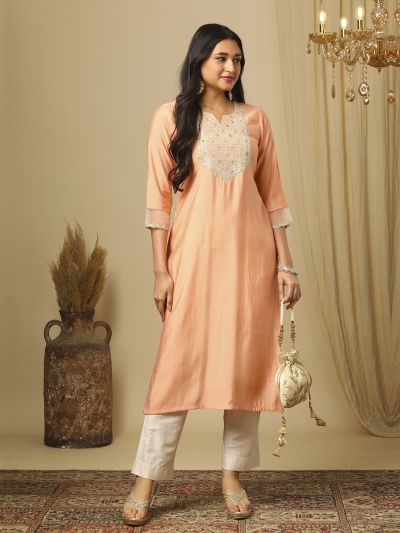 Globus Women Pink Zari Embroidered Yoke Round Neck Straight Calf Length Ethnic Kurta