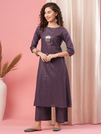 Globus Women Purple Boat Neck Cotton Lurex Straight A-Line Kurta With Palazzo