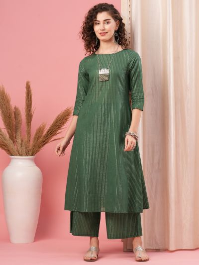 Globus Women Teal Boat Neck Striped Flared Hem Festive A-Line Kurta & Palazzos Set