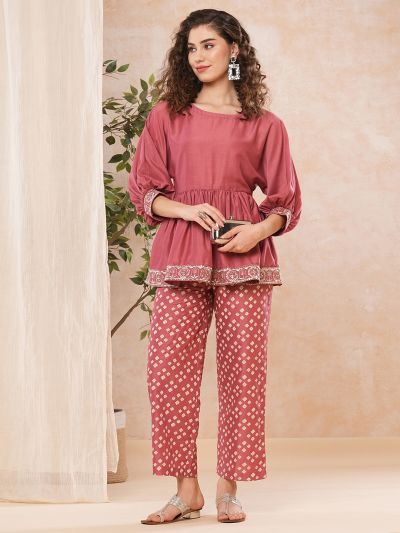 Globus Women Pink Peplum Tunic & Printed Straight Pant Co-Ord Set