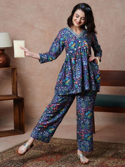 Globus Women Purple Printed Alia Cut Peplum Tunic & Straight Pants Co-Ord Set