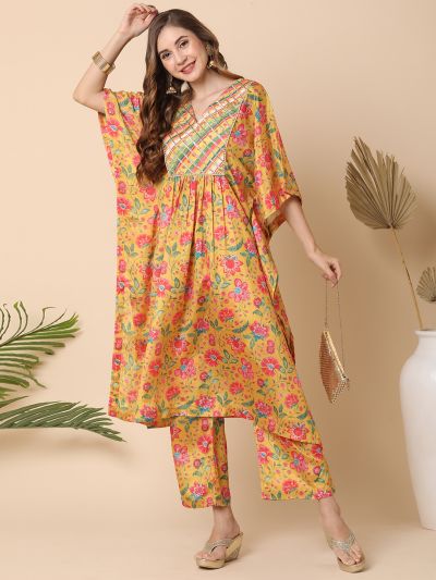 Globus Women Mustard Lace Highlighted Yoke & Allover Printed Kaftan Kurta With Straight Pants