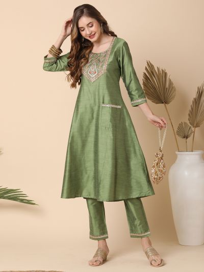 Globus Women Green Embroidered Yoke A-Line Kurta With Narrow Pants