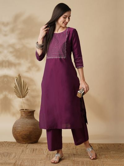 Globus Women Purple Round Neck Embroidered Yoke Straight Calf Length Kurta & Trouser Set