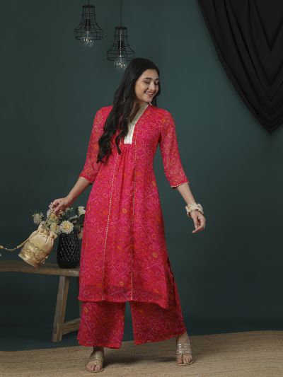 Globus Women Pink V-Neck Gotta Lace Bandhani Print Panelled A-Line Kurta & Flared Palazzos Festive Set