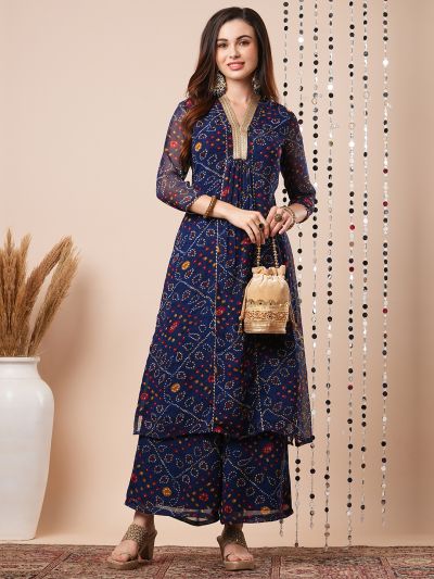 Globus Women Blue V-Neck Gotta Lace Bandhani Print Pleated A-Line Festive Kurta With Elasticated Pants