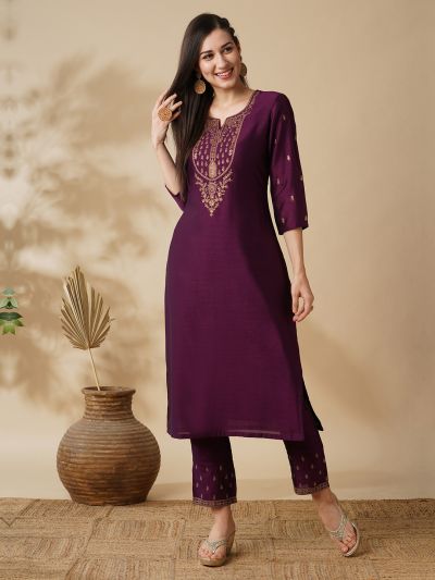 Globus Women Purple Zari Embroidered Yoke Straight Calf Length Kurta & Trouser Set