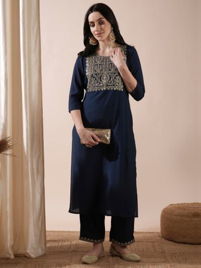 Globus Women Blue Embroidered & Sequinned Yoke Straight Kurta With Wide Leg Pants Festive Set