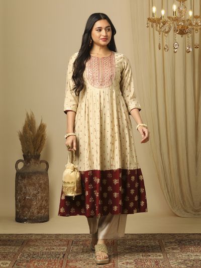 Globus Women Beige Embroidered Yoke Gold Foil Printed Panelled Anarkali Kurta & Elasticated Pants Festive Set