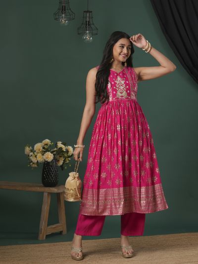 Globus Women Pink V-Neck Pipping Detail Ethnic Motifs Gold Foil Printed Gathered A-Line Kurta & Elasticated Pants Festive Set