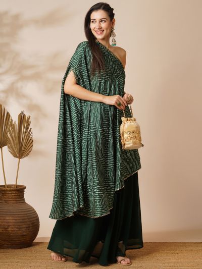 Globus Women Green Bandhani Printed Embroidered One Shoulder Tunic & Georgette Elasticated Floor Length Skirt Fusion Co-Ord Set