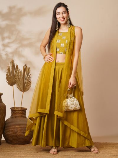 Globus Women Lime Green Ethnic Motifs Strappy Sleeves Crop Top & Flared Mid-Rise Partially Elasticated Floor Length Palazzo with Shrug Fusion Co-Ord Set