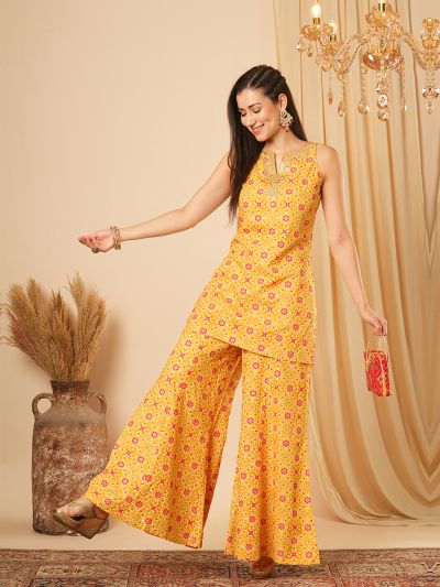 Globus Women Yellow Allover Geometric Print Zari Embroidered Yoke Short Kurti & Matching Flared Palazzo Festive Co-Ord Set