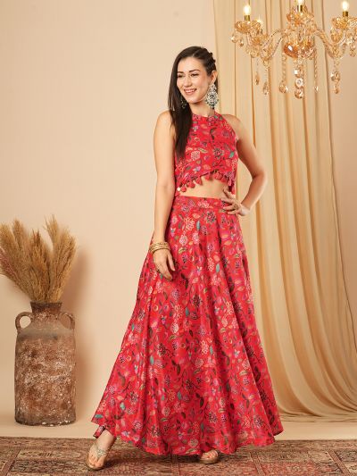 Globus Women Red Floral Printed Halter Neck Tassel Detailing Crop Top & Partially Elasticated Flared Maxi Fusion Co-Ord Set