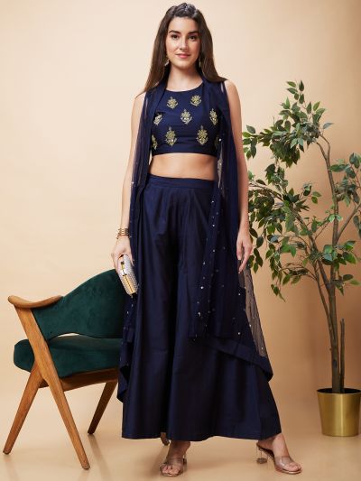 Globus Women Blue Festive Co-Ord Set with Embroidered Crop Top, Solid Palazzo and Sequinned Shrug