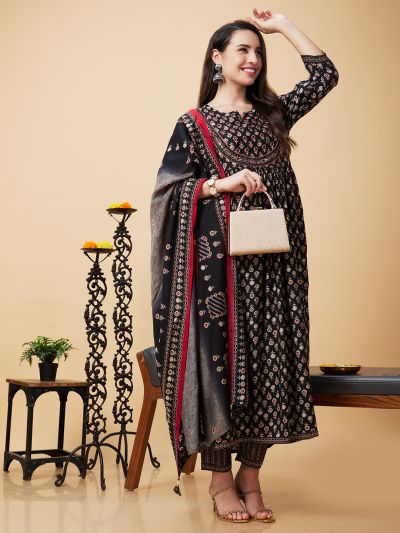 Globus Women Black Ethnic Motifs Print 3-Piece Festive Anarkali Kurta Set with Trouser and Dupatta