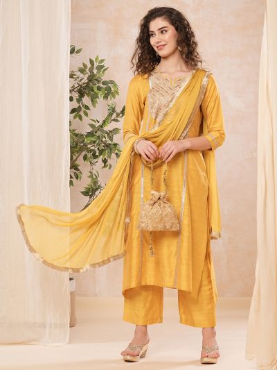 Globus Women Mustard Embroidered Yoke Kurta Set With Dupatta