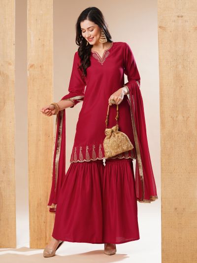 Globus Women Red Embroidered Straight Festive Kurta With Sharara & Dupatta Set