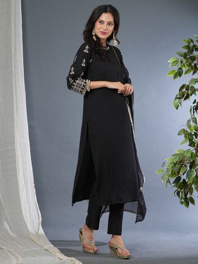 Globus Women Black Embroidered Sleeves Straight Workwear Kurta With Pants & Sequinned Dupatta Set