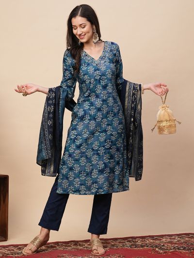 Globus Women Blue Embroidered V-Neck Allover Printed Kurta With Pants & Dupatta