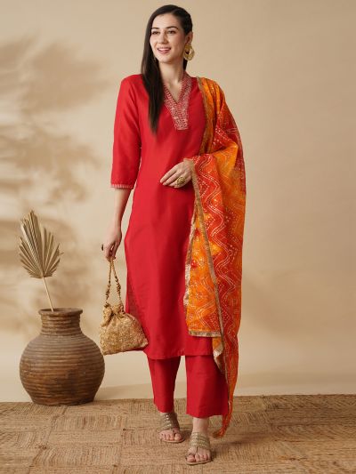 Globus Women Red Embroidered V-Neck Straight Kurta, Trouser & Bandhani Dupatta Set